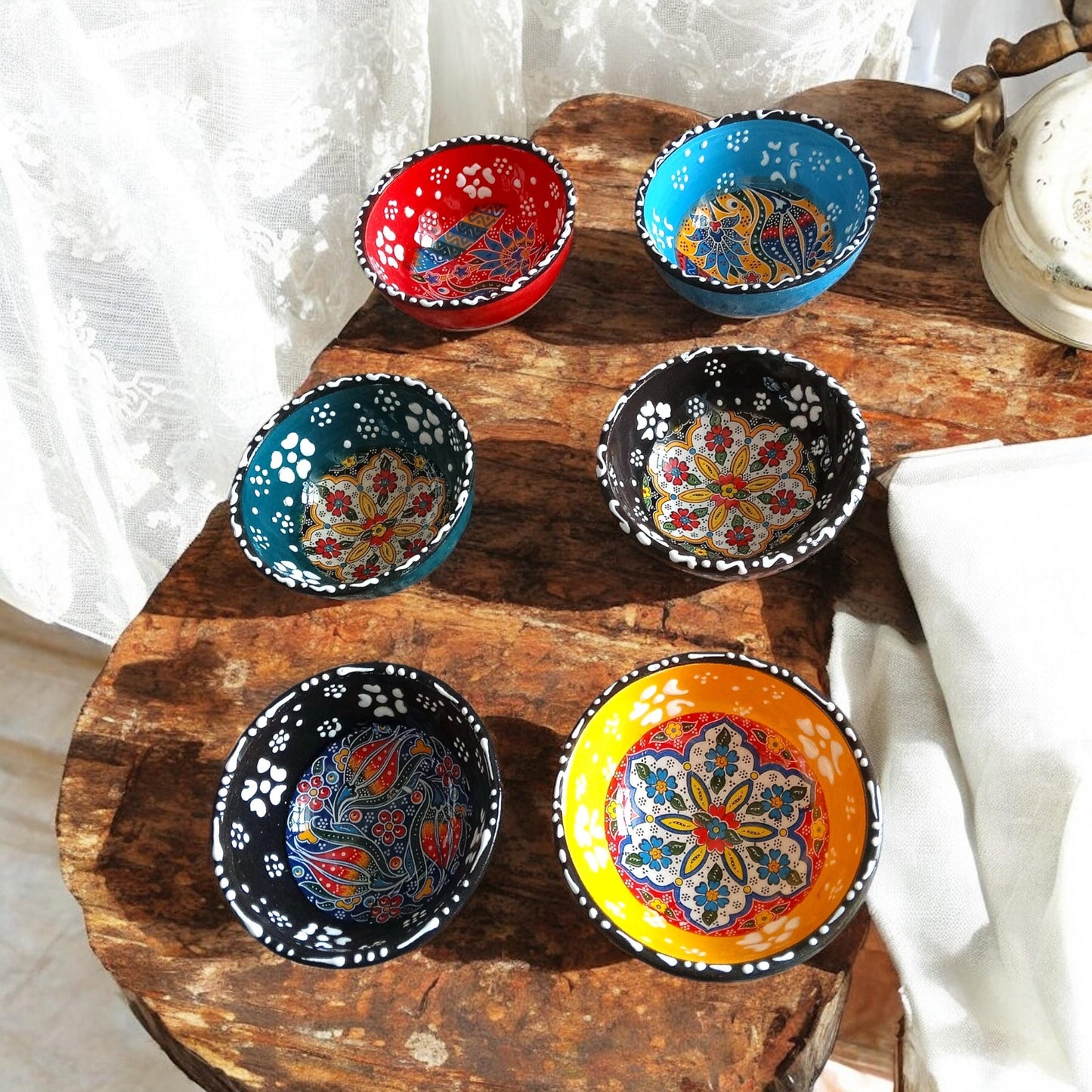 Ceramic Bowls Set - 6 Mini Mezze Dip Dishes, Decorative Appetizer Servingware, Tapas Bowls