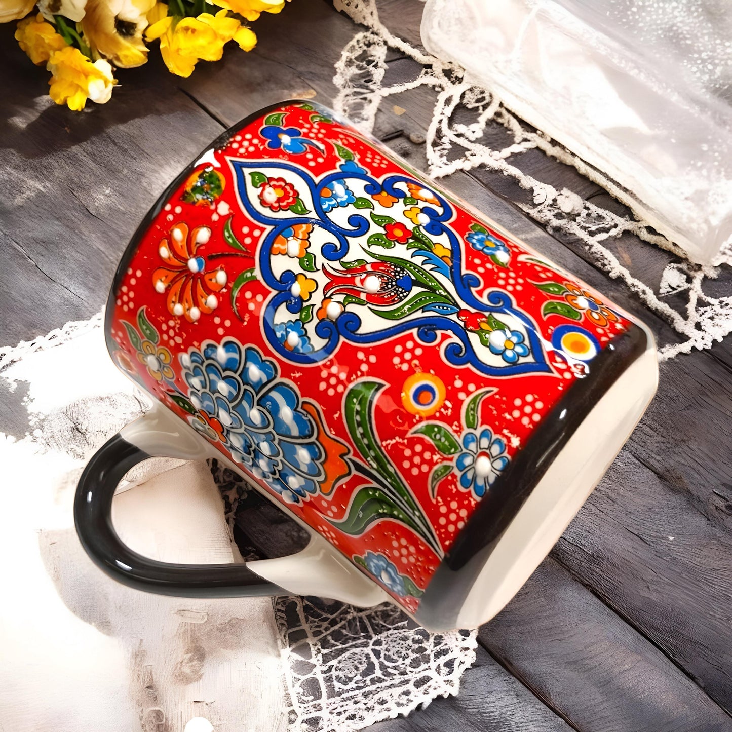 Hand-Painted Turkish Ceramic Mug Set: Anatolian Floral Art, 11 oz