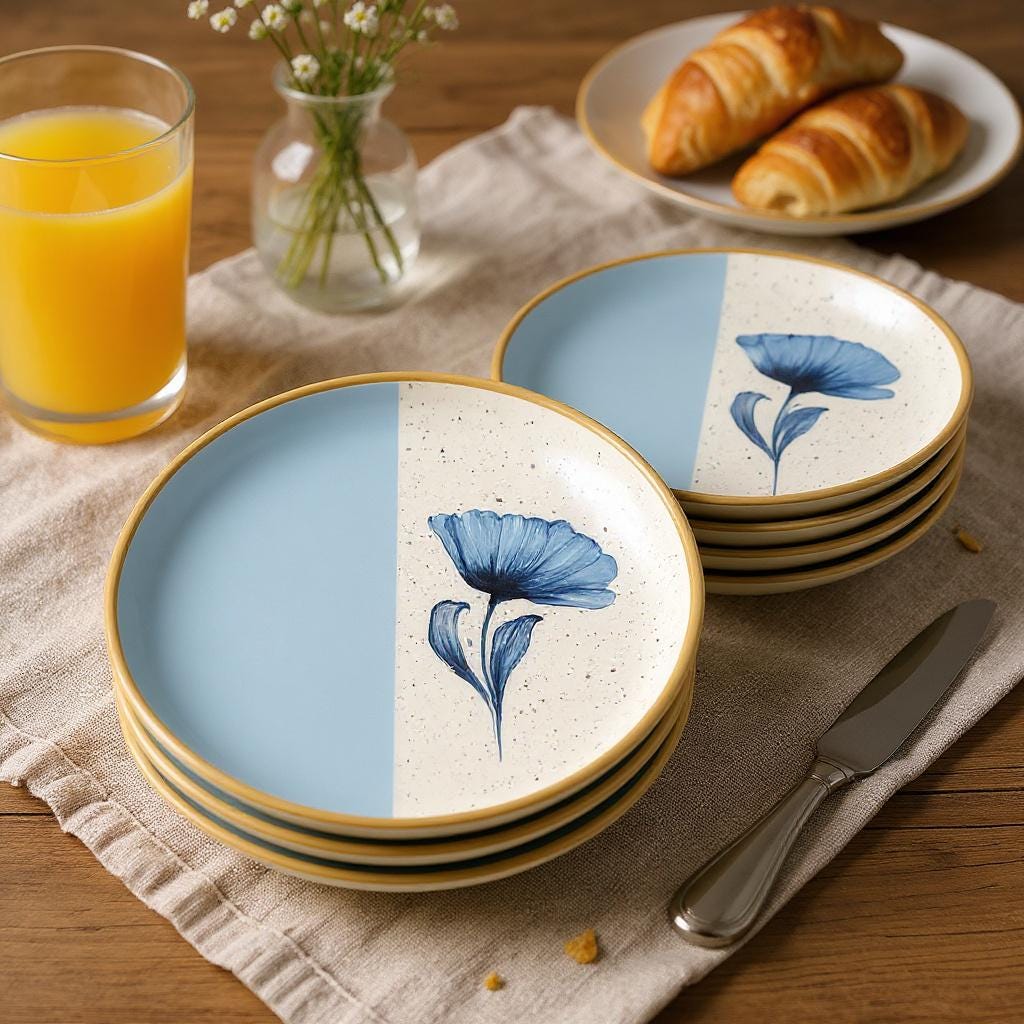 Handmade Ceramic Dessert Plates – 6 Piece Blue & White Floral Set – 8 Inch Appetizer or Salad Plates – Modern Artisan Tableware