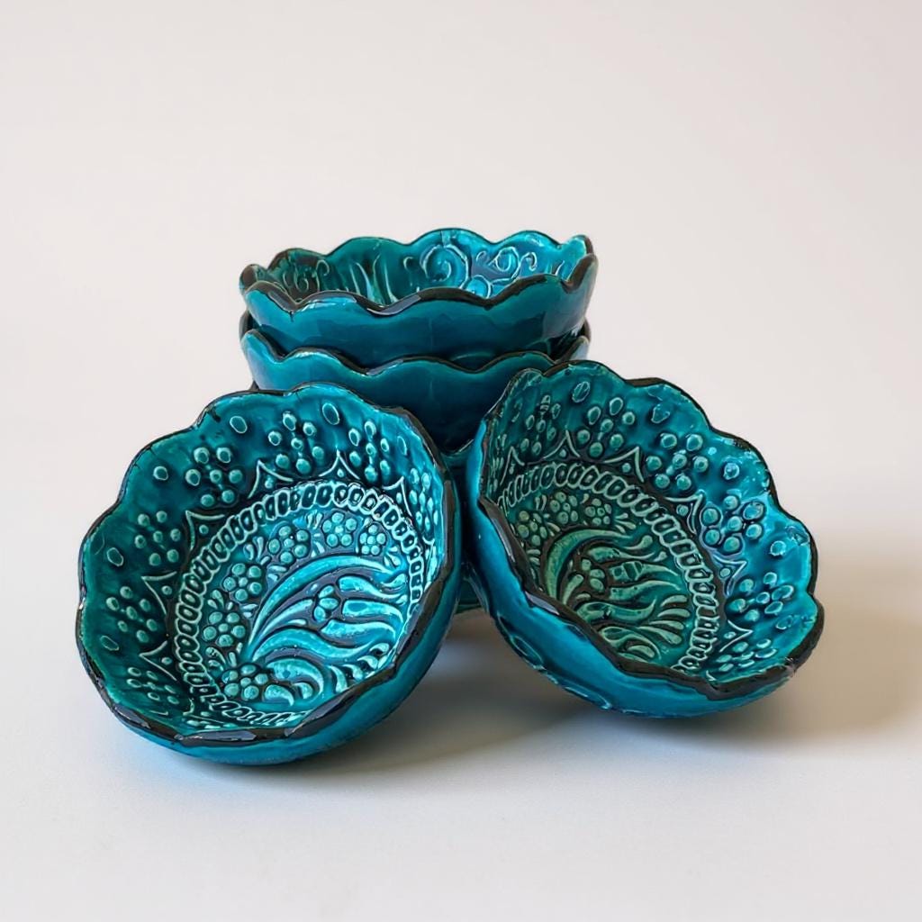 Handmade Turquoise Turkish Bowls - Ceramic Floral Dish Set - Boho Decor