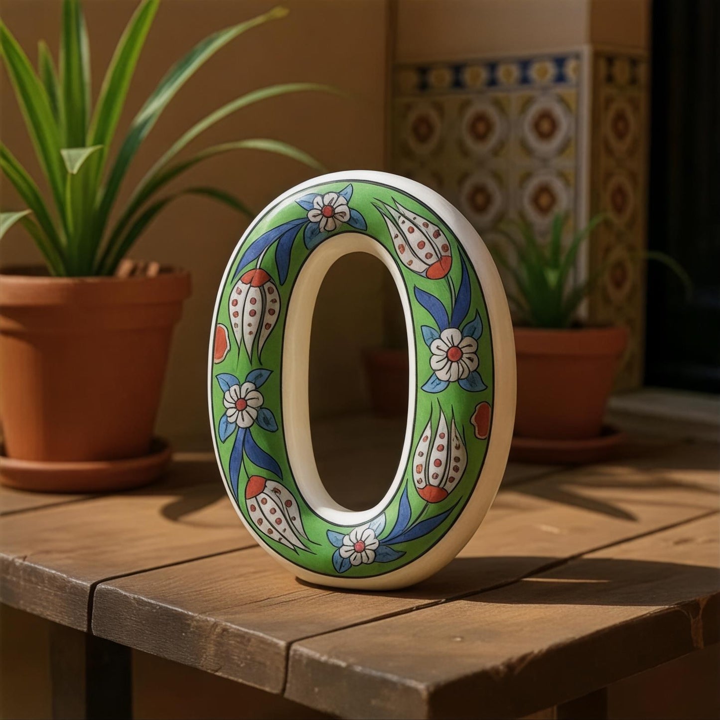 Hand-Painted Green Floral Ceramic House Number – Outdoor Address Door Sign