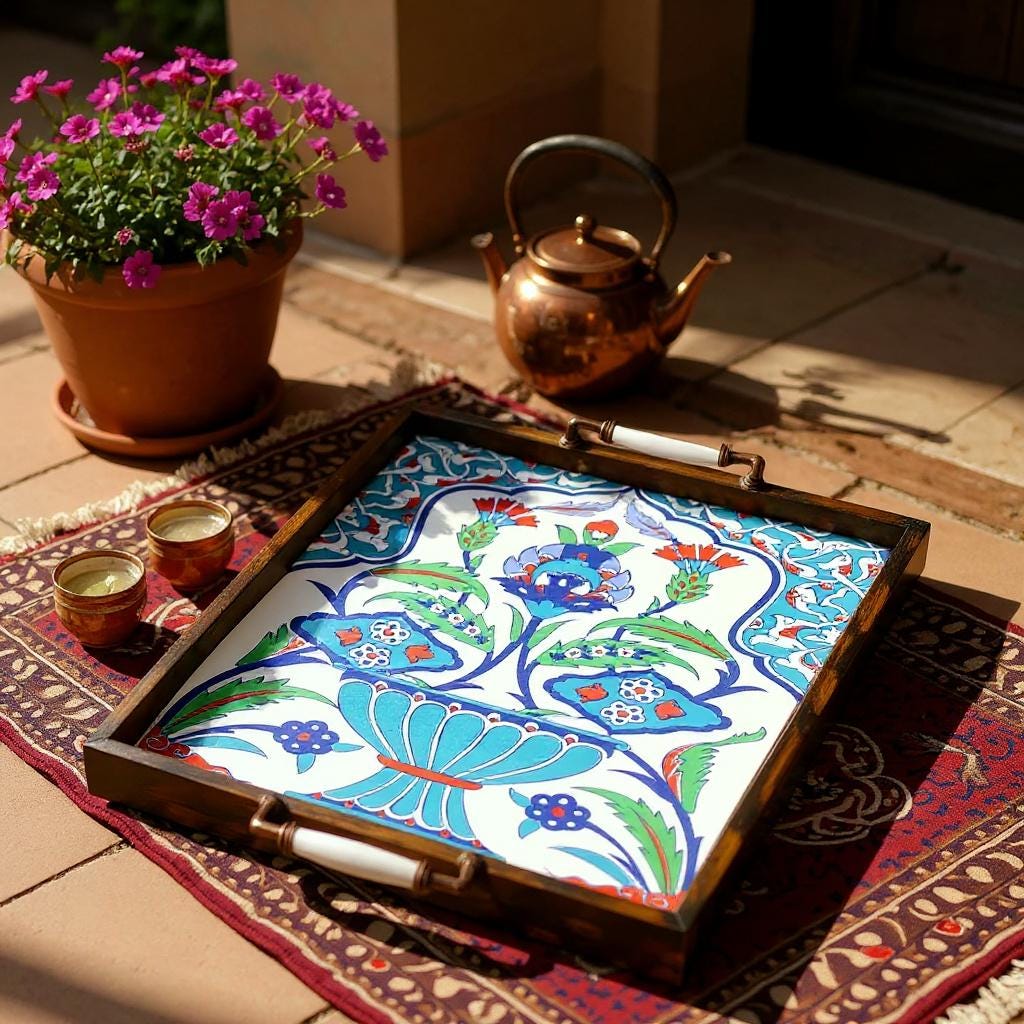 Handmade Wooden Serving Tray: Iznik Ceramic Tile, Ottoman Decor