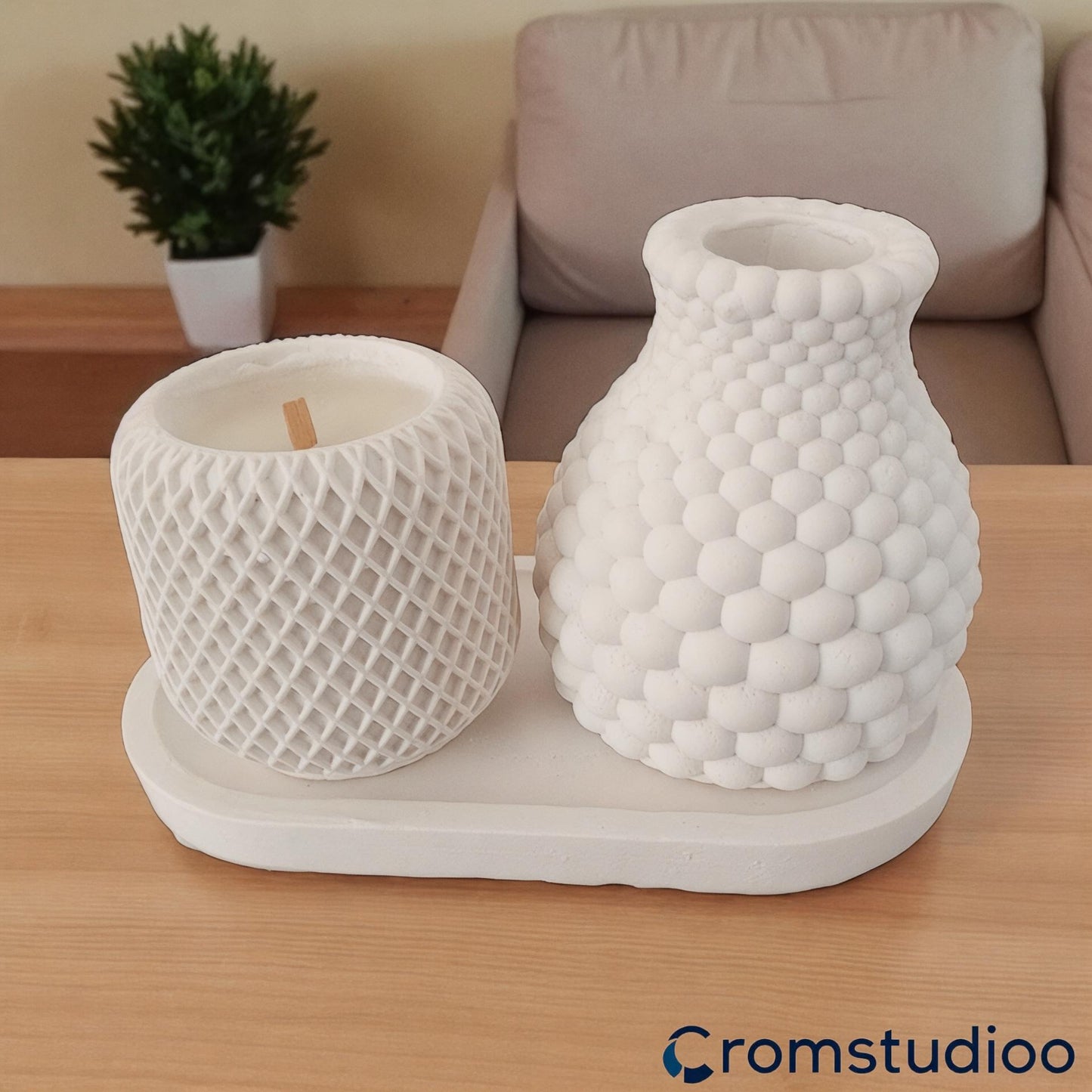 Textured Stone Powder Vase & Candle Holder Set - Modern Home Decor