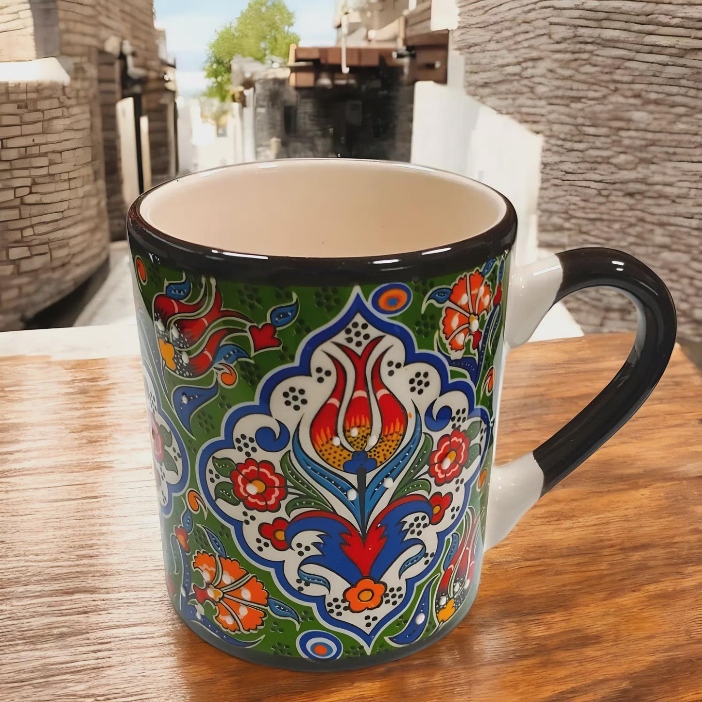 Turkish Iznik Ceramic Mug Set of 6 – 10oz / 295ml Colorful Ottoman Pattern Coffee & Tea Cups – Handmade Pottery Gift