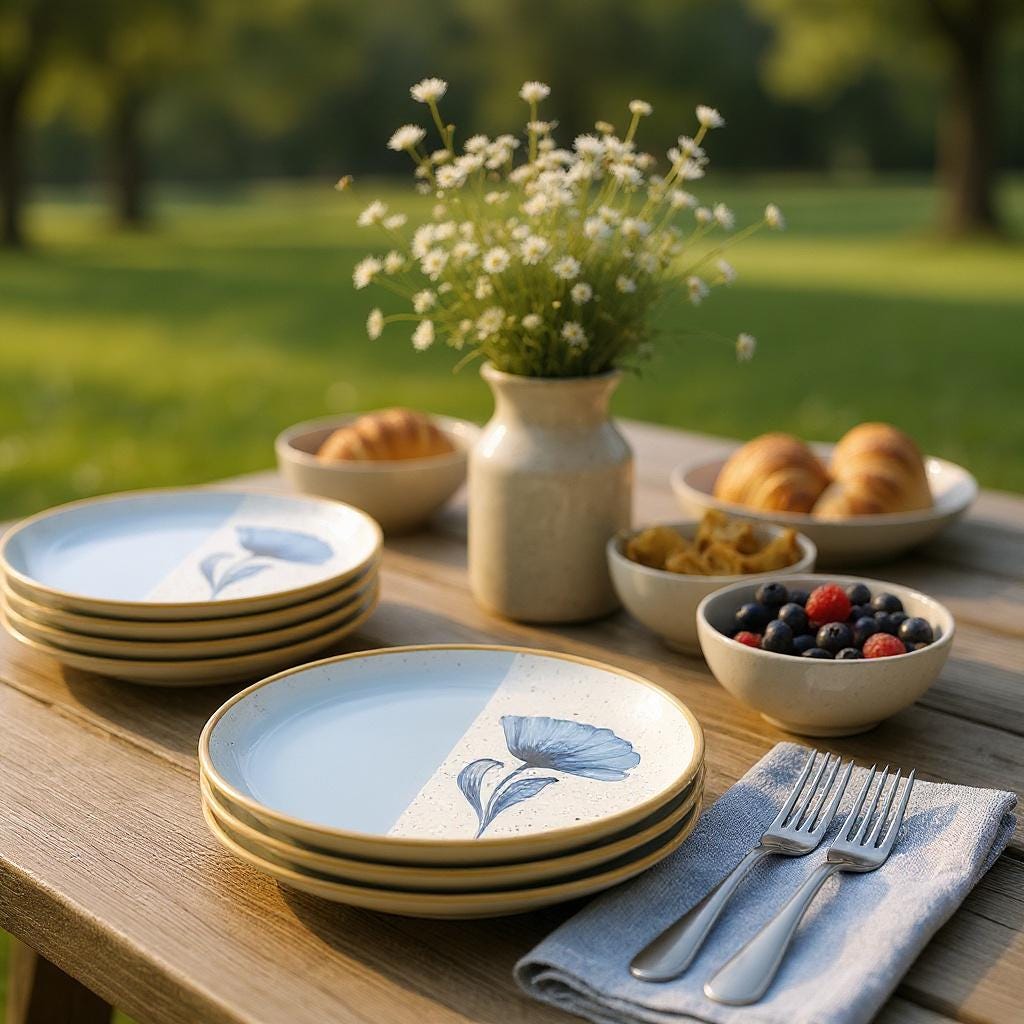 Handmade Ceramic Dessert Plates – 6 Piece Blue & White Floral Set – 8 Inch Appetizer or Salad Plates – Modern Artisan Tableware