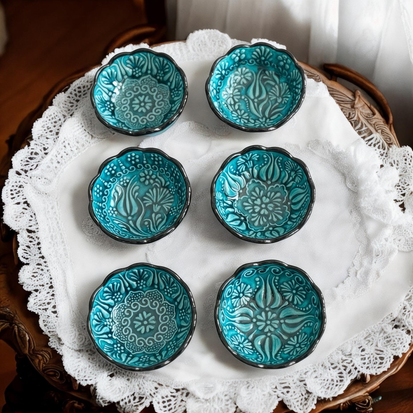Handmade Turquoise Turkish Bowls - Ceramic Floral Dish Set - Boho Decor