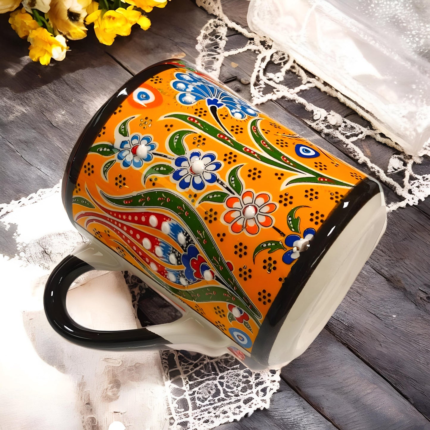 Hand-Painted Turkish Ceramic Mug Set: Anatolian Floral Art, 11 oz