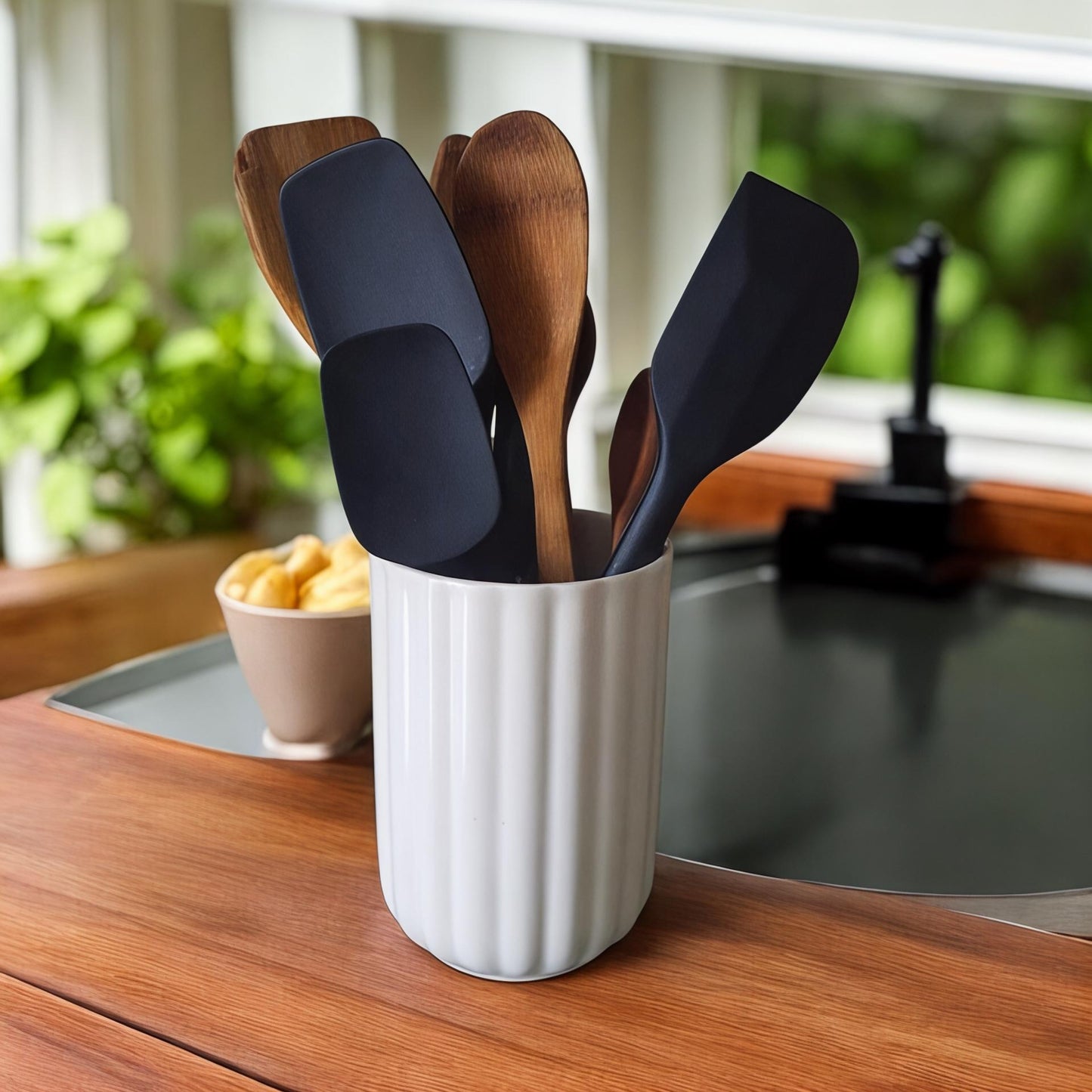 Hand-Painted Ceramic Utensil Holder: Rustic Floral Kitchen Decor