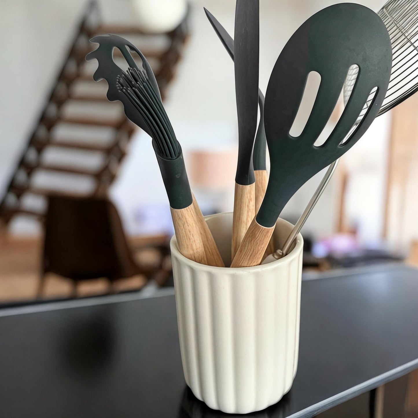 Hand-Painted Ceramic Utensil Holder: Rustic Floral Kitchen Decor