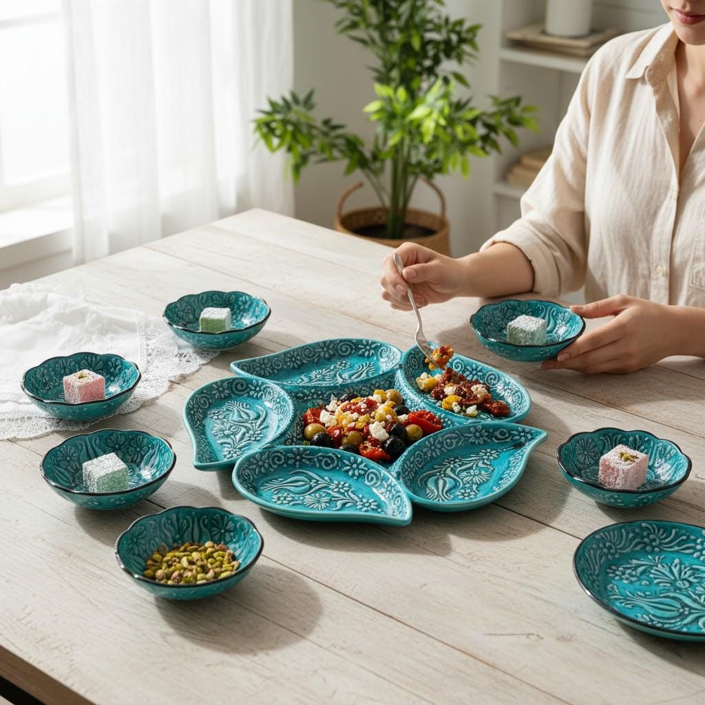 Handmade Turkish Ceramic Serving Set – 6-Section Divided Tray + 6 Mini Bowls – Turquoise Ottoman Floral Gift for Home & Kitchen