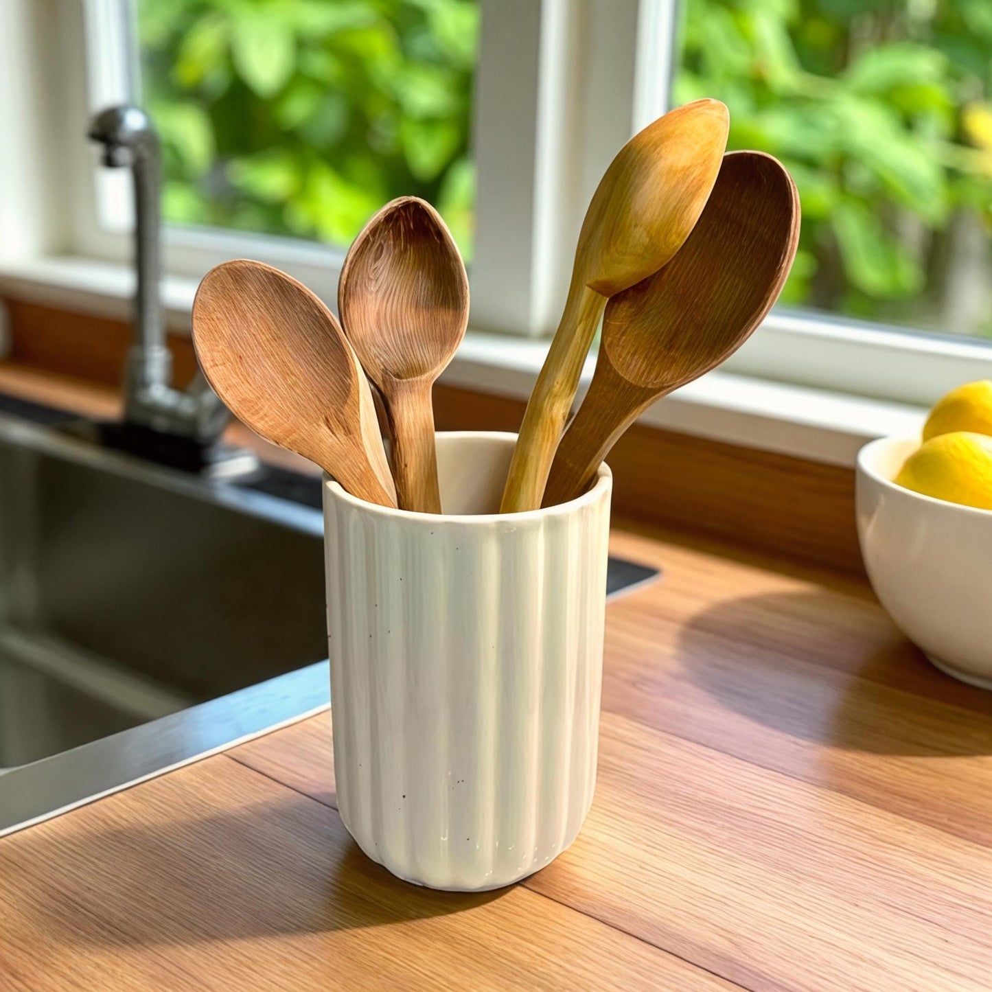 Hand-Painted Ceramic Utensil Holder: Rustic Floral Kitchen Decor