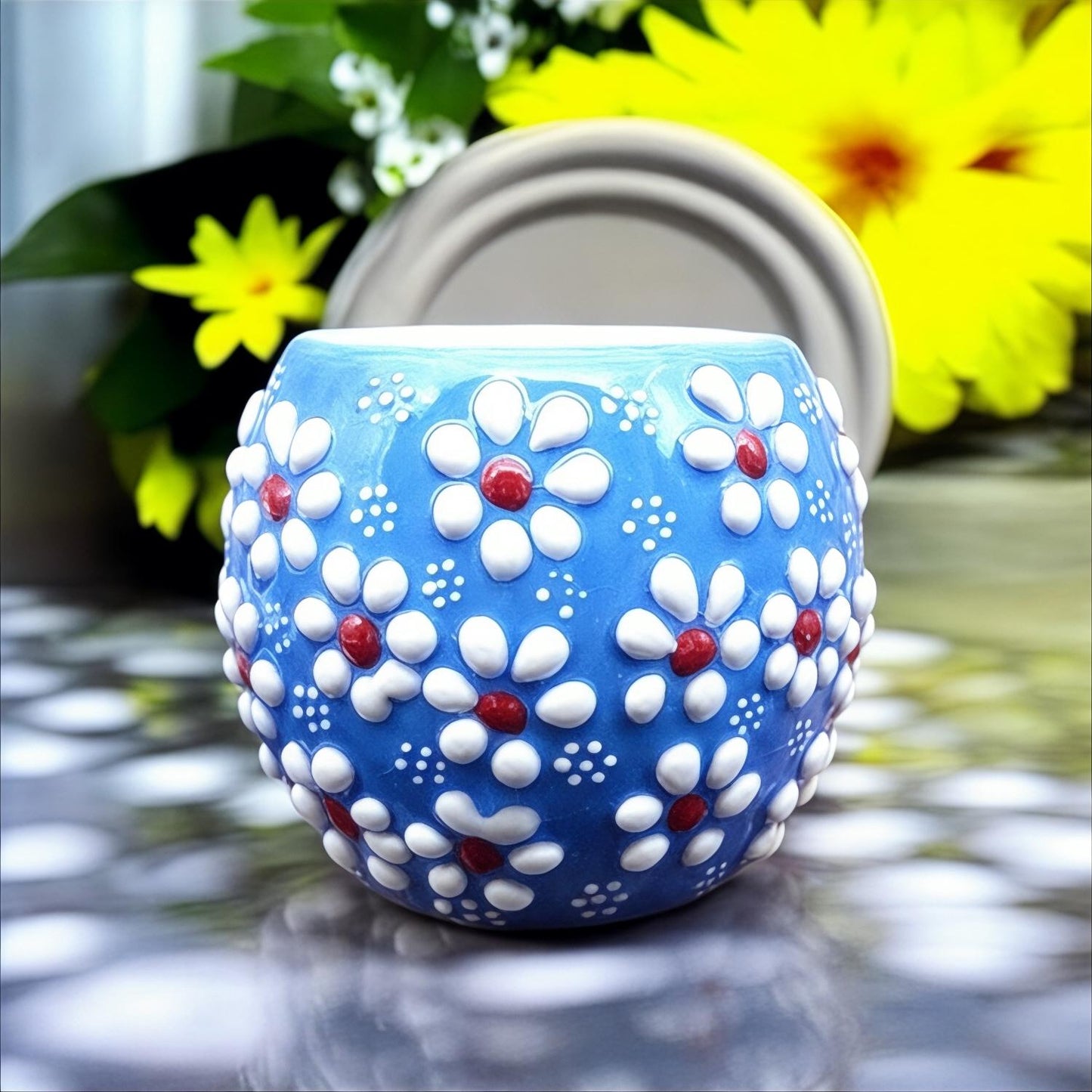 Hand-Painted Mini Succulent & Cactus Pot - Daisy Flower Design Planter