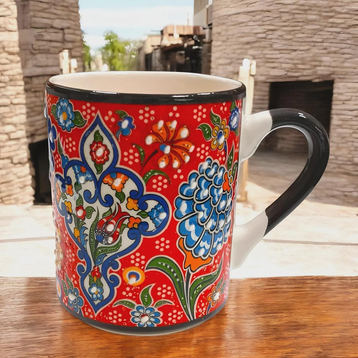 Turkish Iznik Ceramic Mug Set of 6 – 10oz / 295ml Colorful Ottoman Pattern Coffee & Tea Cups – Handmade Pottery Gift