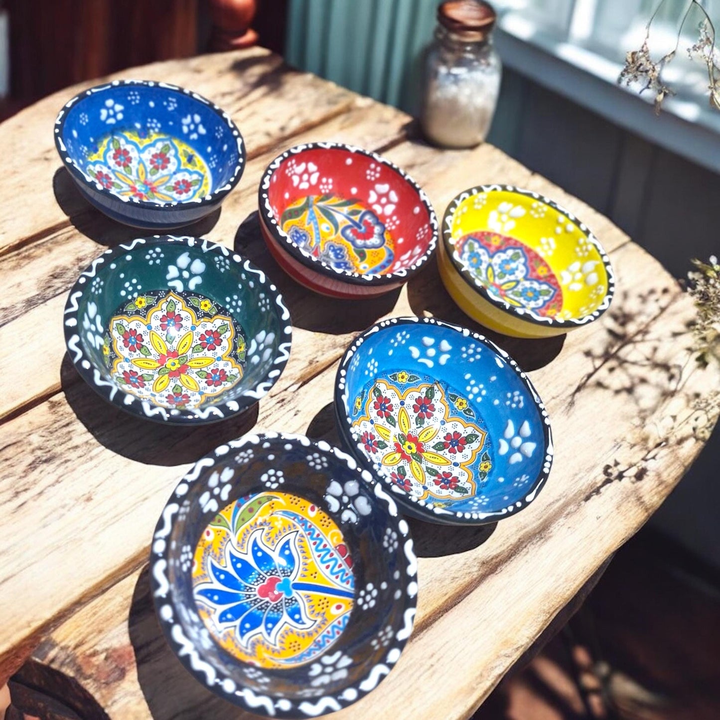 Ceramic Bowls Set - 6 Mini Mezze Dip Dishes, Decorative Appetizer Servingware, Tapas Bowls