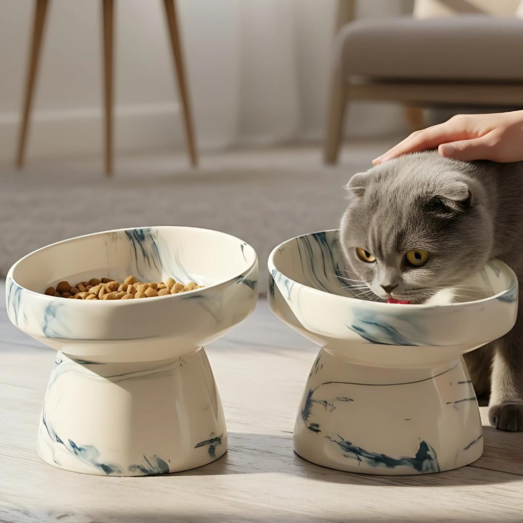 Elevated Ceramic Cat Food and Water Bowl, Anti whisker fatigue cat bowl, Dogs & Puppies - Perfect Pet Owner Gift