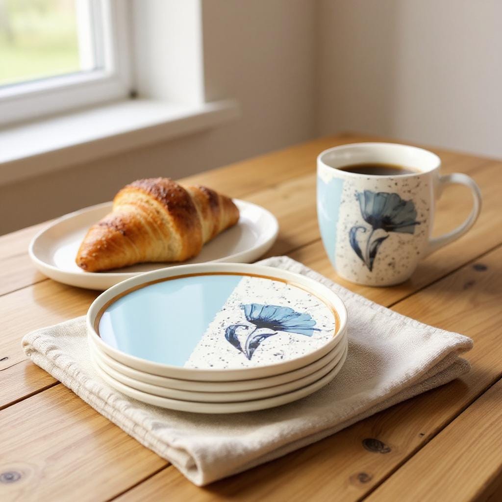 Handmade Ceramic Dessert Plates – 6 Piece Blue & White Floral Set – 8 Inch Appetizer or Salad Plates – Modern Artisan Tableware