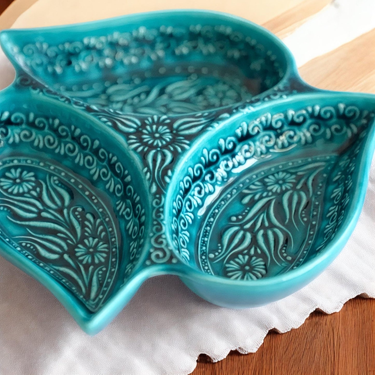 Multi Compartment Turkish Ceramic Bowl, Appetizer Tray, Tapas & Snack Dish, Decorative Nuts Plate, Keys or Candy Holder