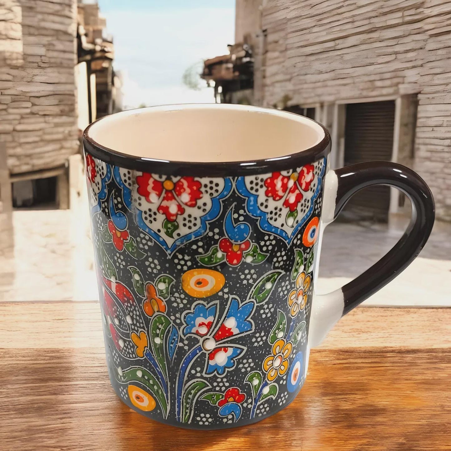 Turkish Iznik Ceramic Mug Set of 6 – 10oz / 295ml Colorful Ottoman Pattern Coffee & Tea Cups – Handmade Pottery Gift