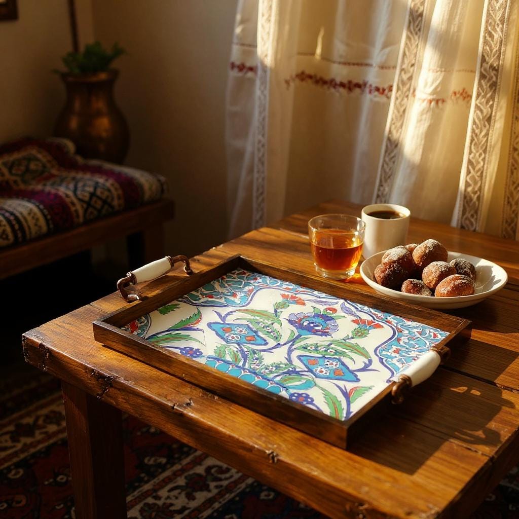 Handmade Wooden Serving Tray: Iznik Ceramic Tile, Ottoman Decor
