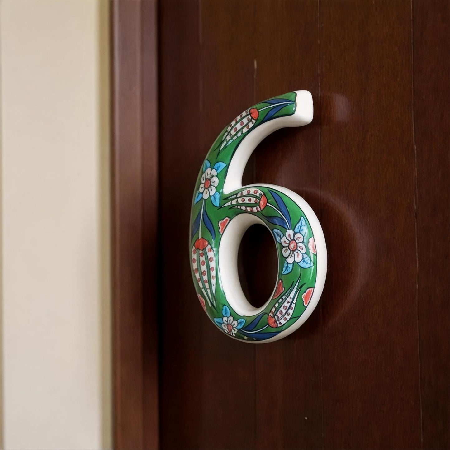Hand-Painted Green Floral Ceramic House Number – Outdoor Address Door Sign