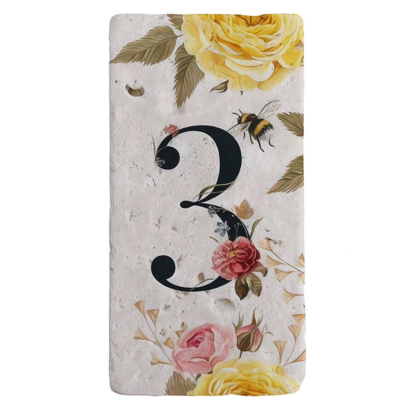 Elegant Travertine Stone House Numbers: Floral Address Sign (7.5x15 cm)