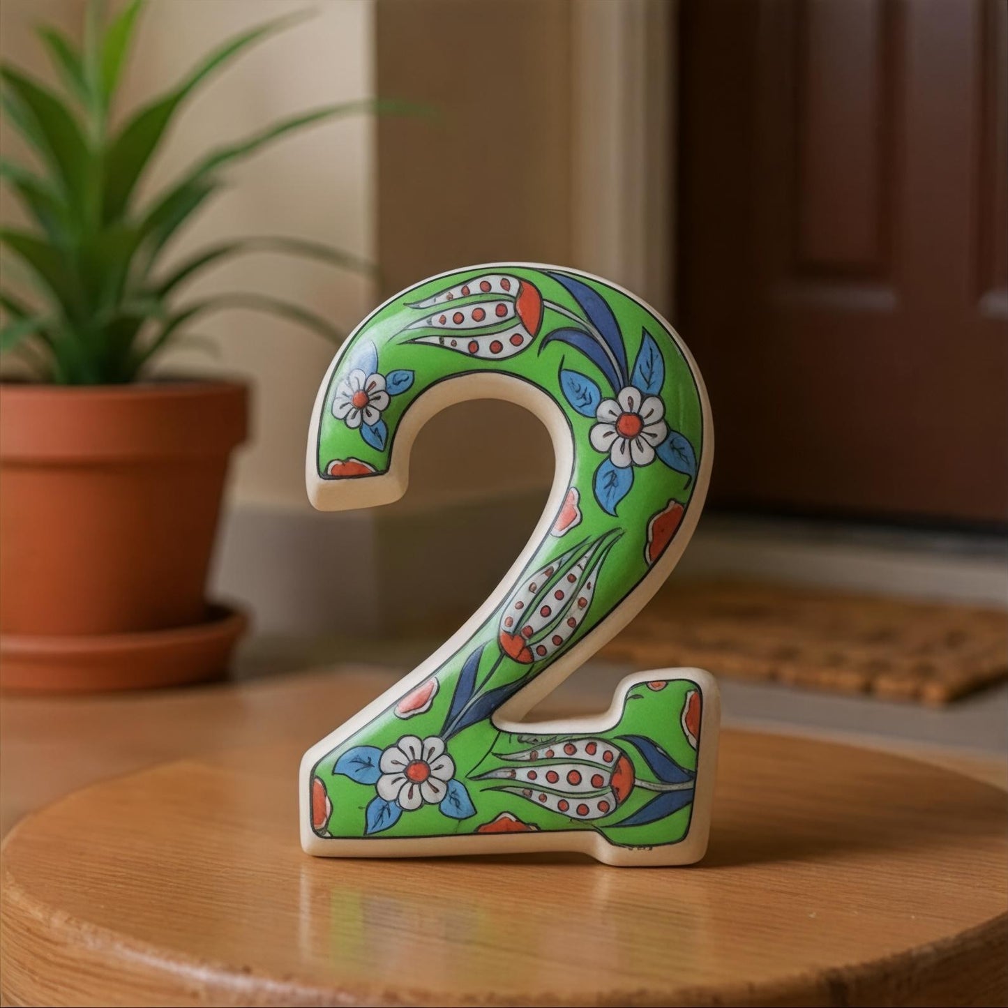 Hand-Painted Green Floral Ceramic House Number – Outdoor Address Door Sign