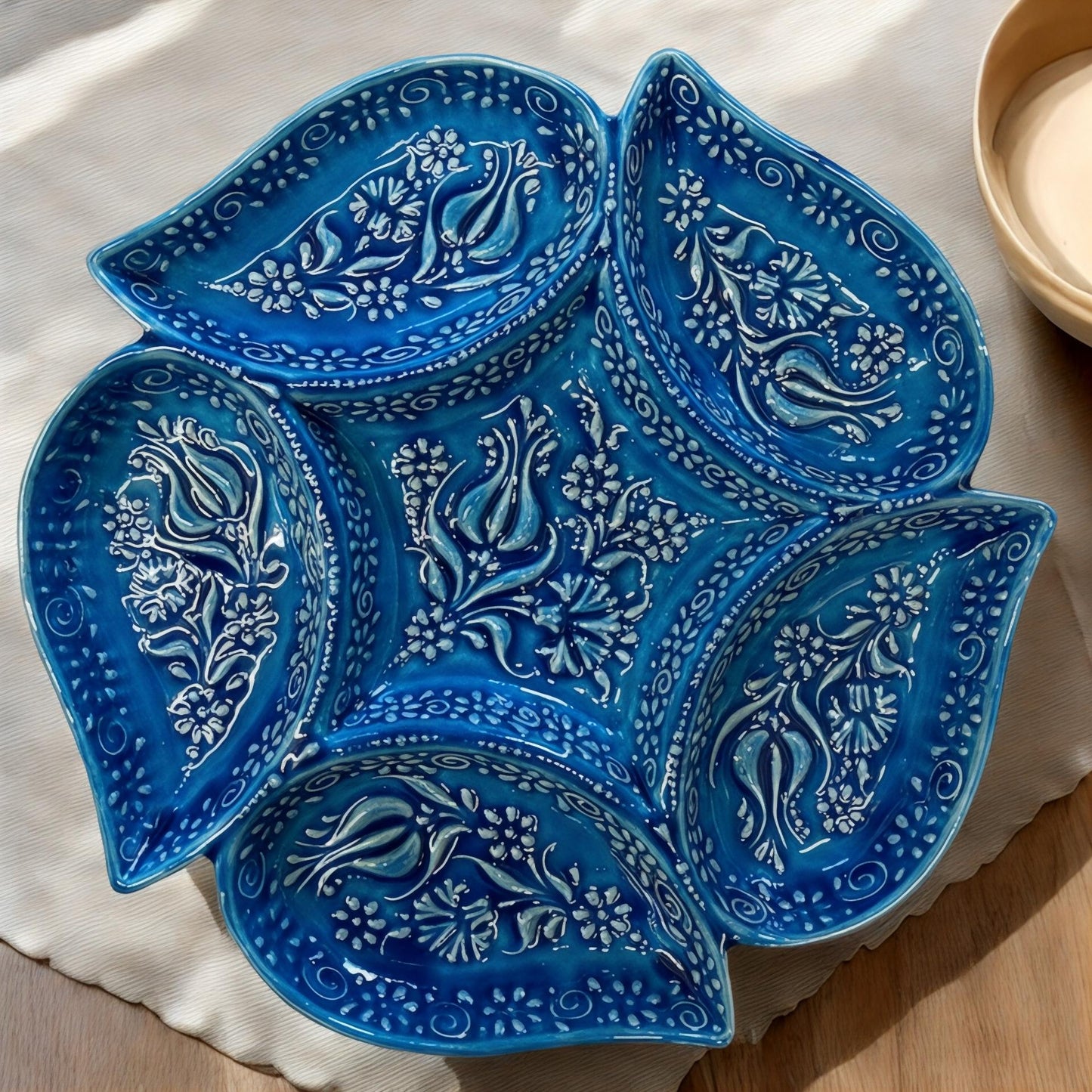 Multi Compartment Turkish Ceramic Bowl, Appetizer Tray, Tapas & Snack Dish, Decorative Nuts Plate, Keys or Candy Holder
