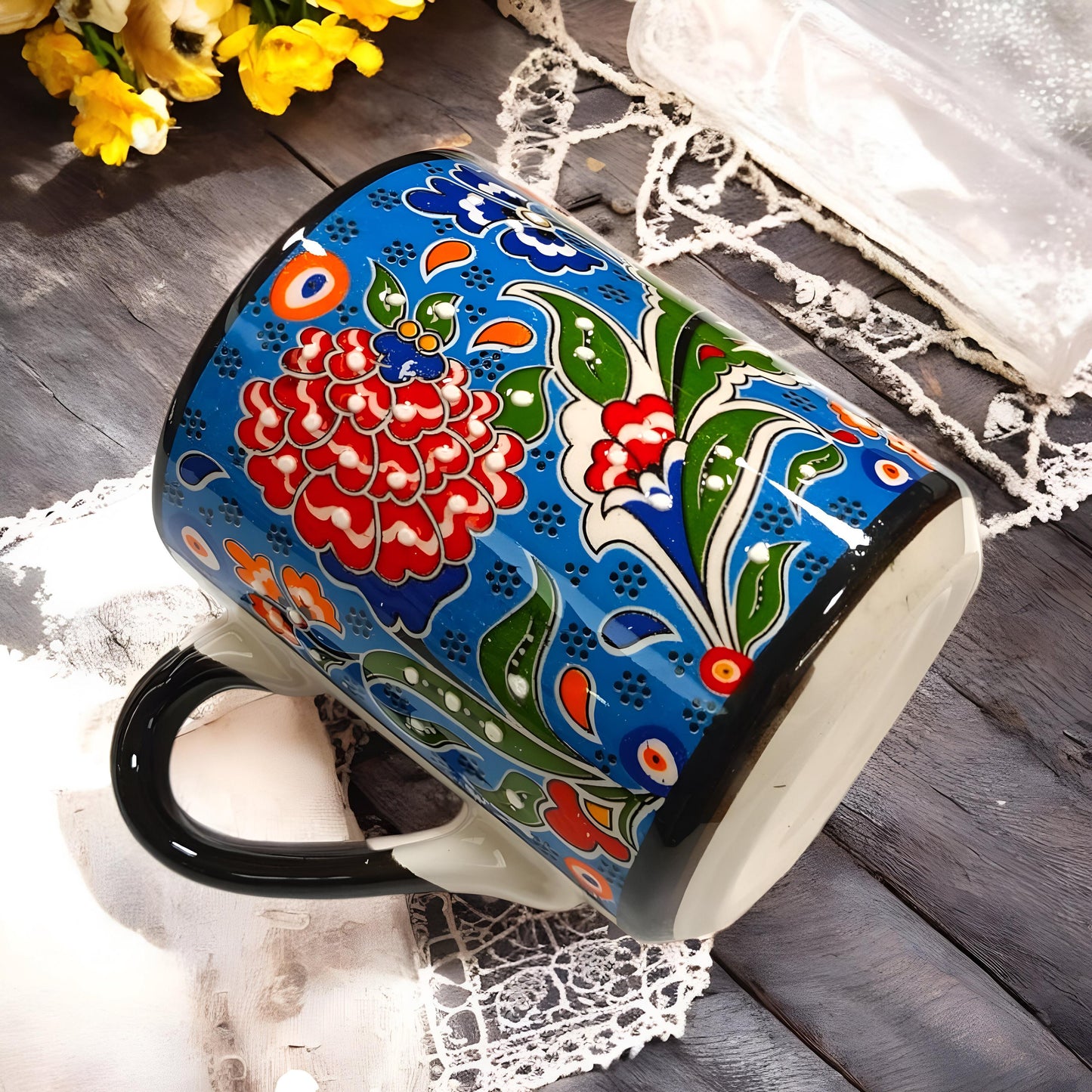 Hand-Painted Turkish Ceramic Mug Set: Anatolian Floral Art, 11 oz