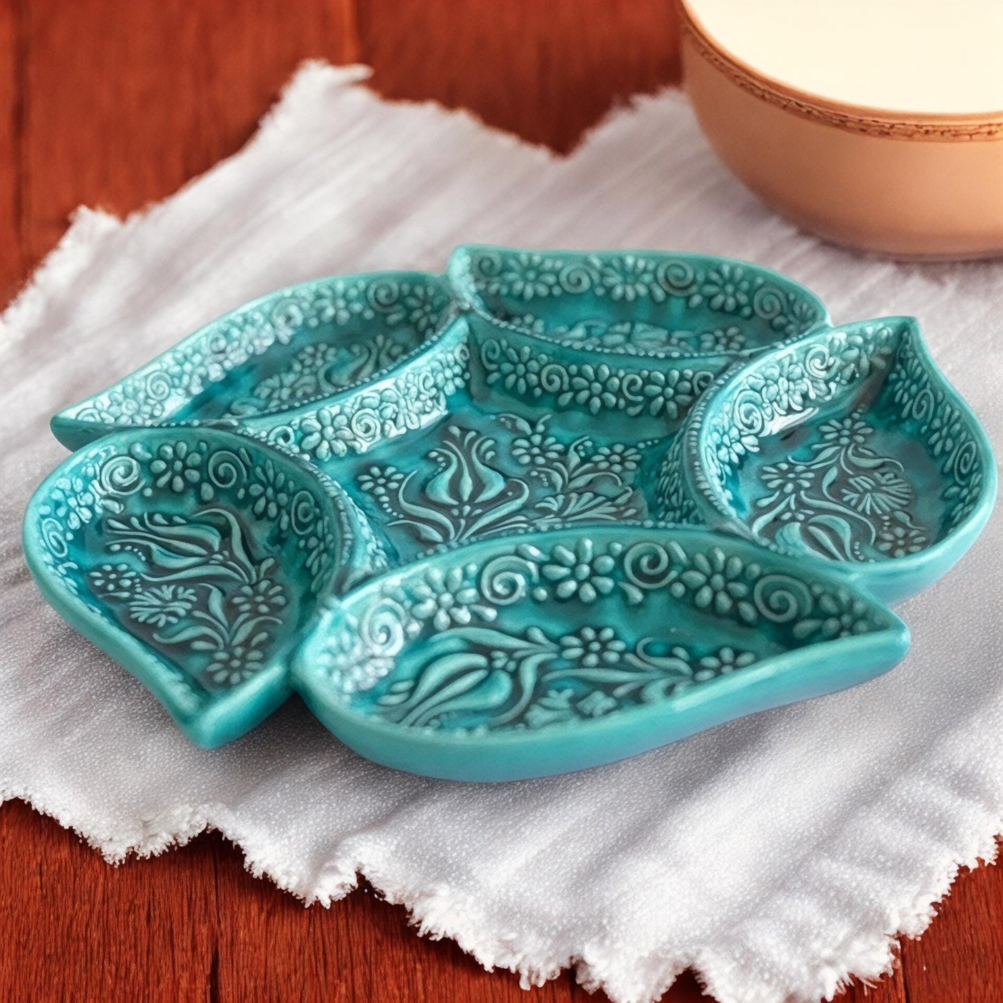 Multi Compartment Turkish Ceramic Bowl, Appetizer Tray, Tapas & Snack Dish, Decorative Nuts Plate, Keys or Candy Holder