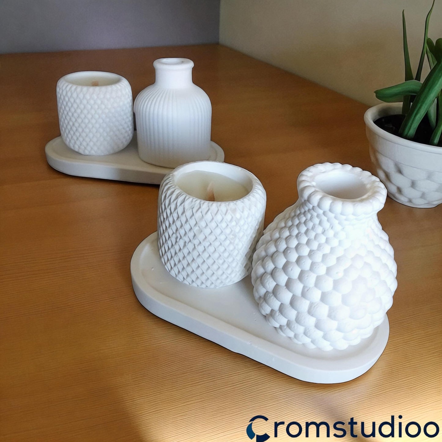 Textured Stone Powder Vase & Candle Holder Set - Modern Home Decor