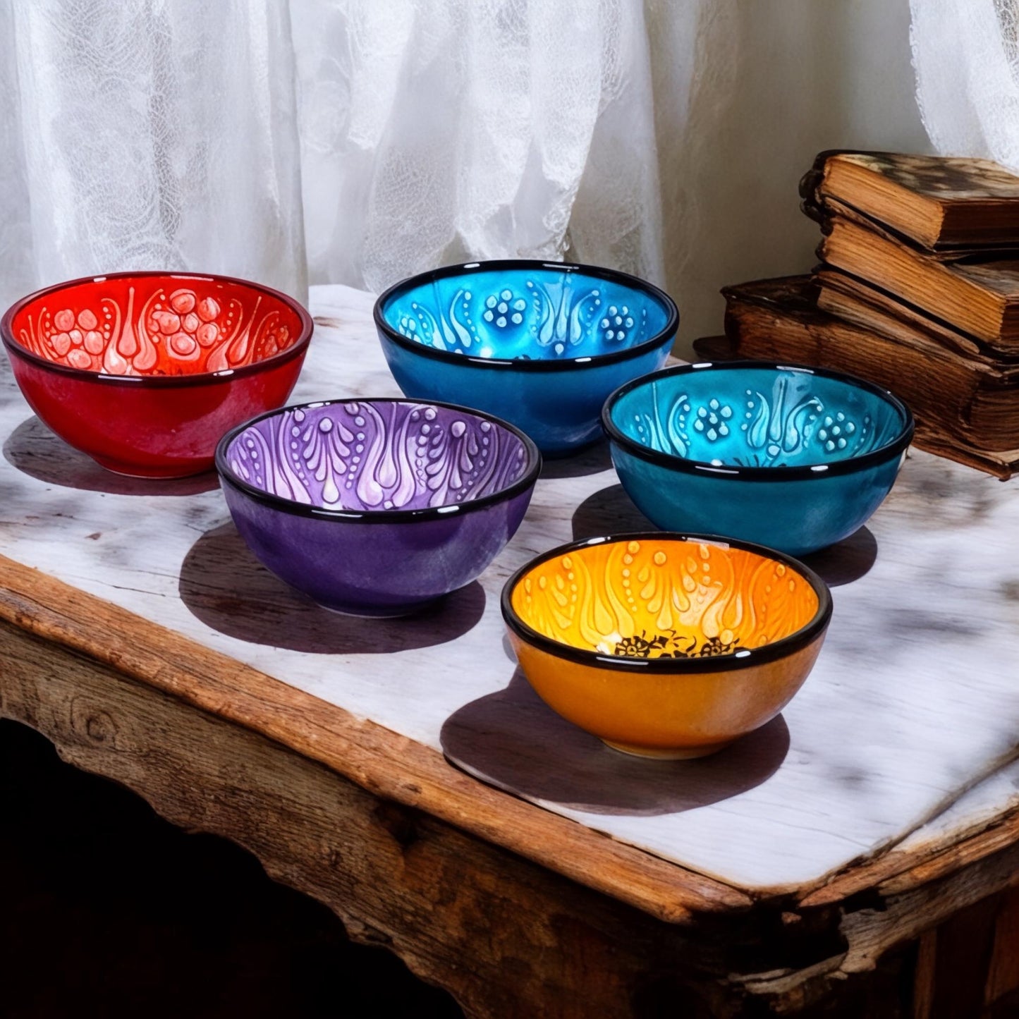 Handmade Turkish Ceramic Bowl Set: Anatolian Mezze, Sauce, Nut Dish