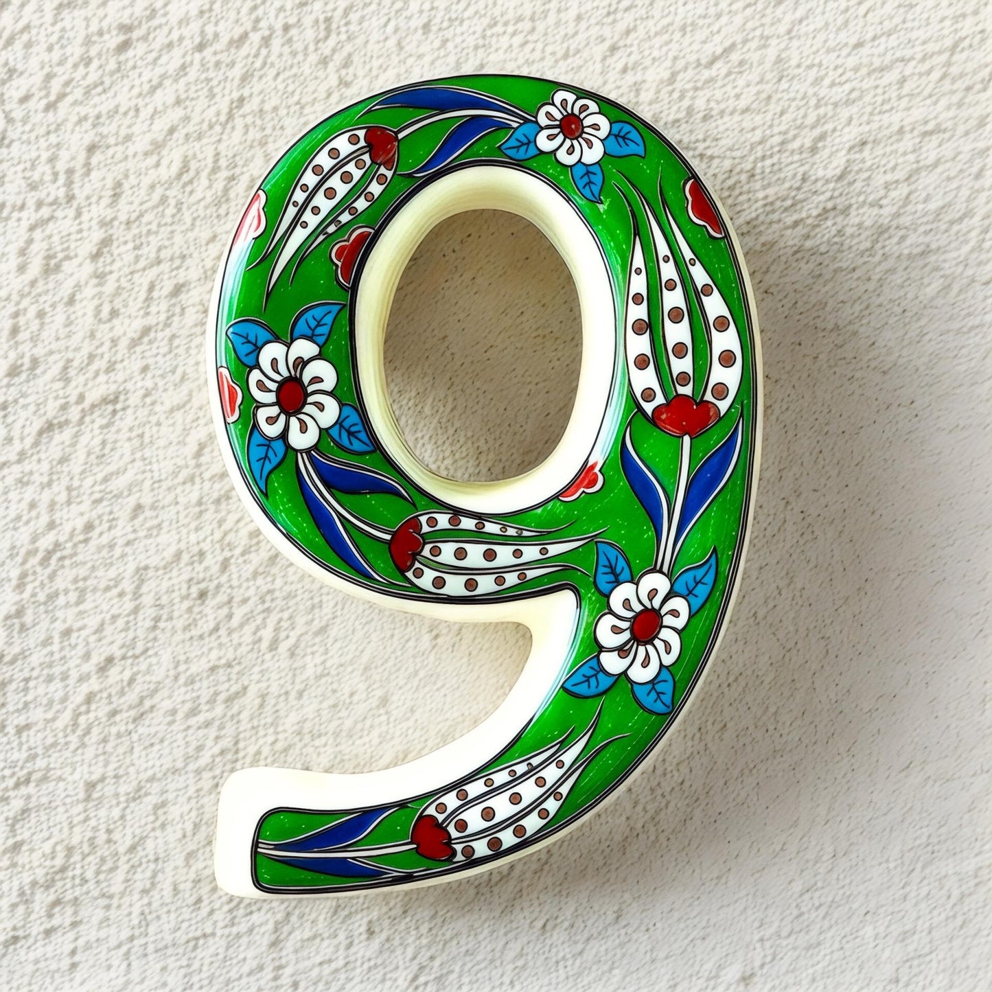 Hand-Painted Green Floral Ceramic House Number – Outdoor Address Door Sign
