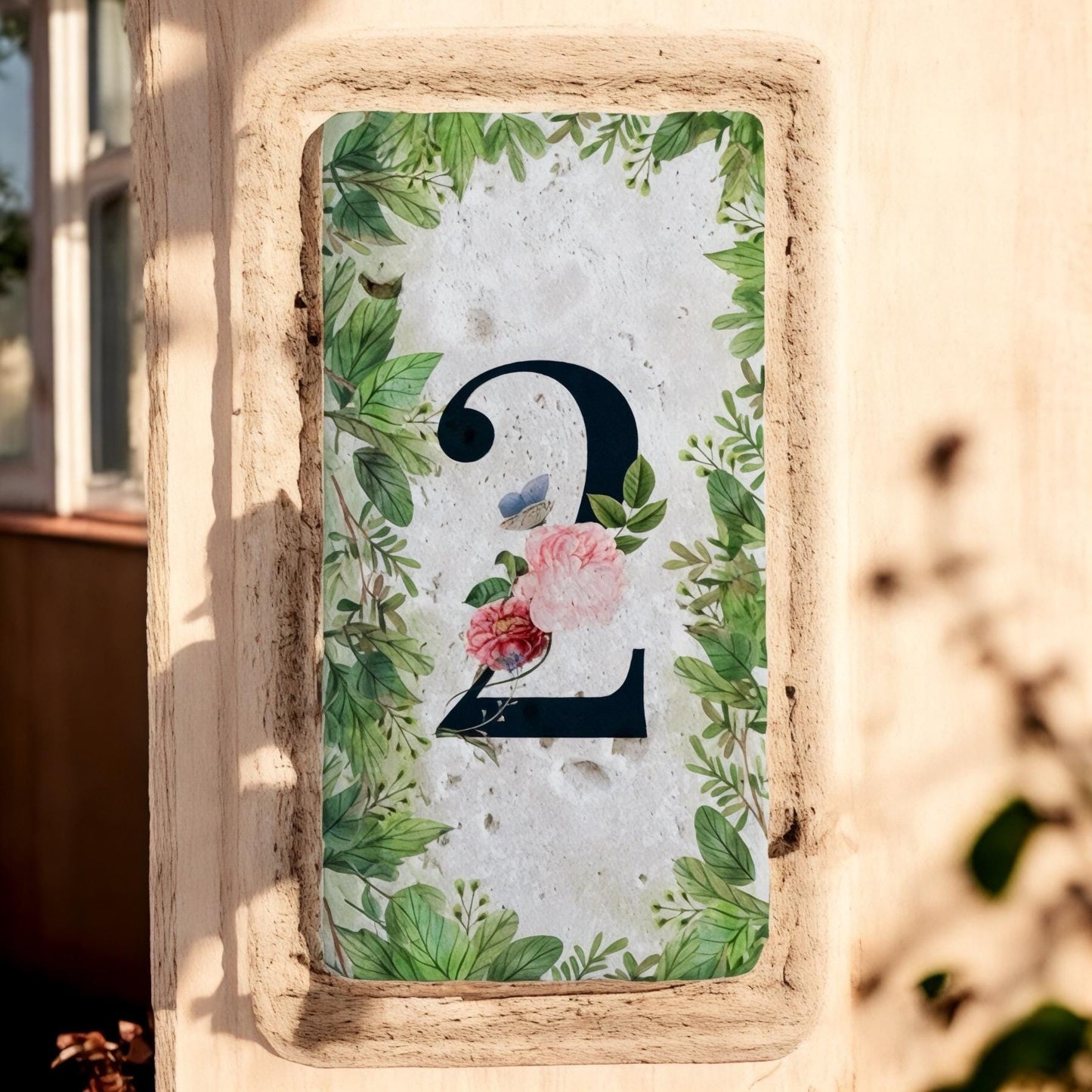 Elegant Travertine Stone House Numbers: Floral Address Sign (7.5x15 cm)