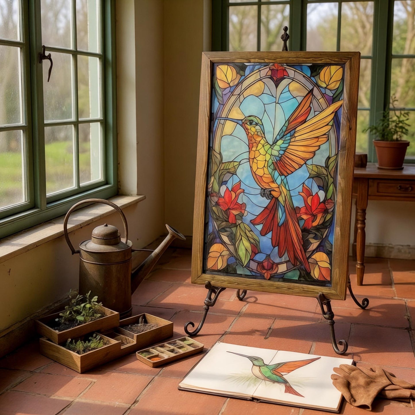 Hand-Painted Ceramic Hummingbird Wall Art: Stained Glass Style, Wood Frame