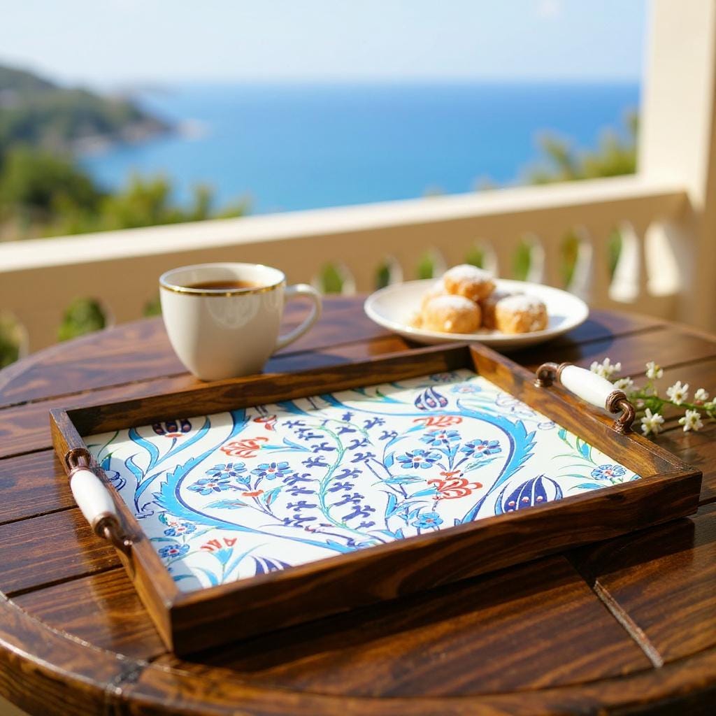 Handmade Wooden Serving Tray: Iznik Ceramic Tile, Ottoman Decor