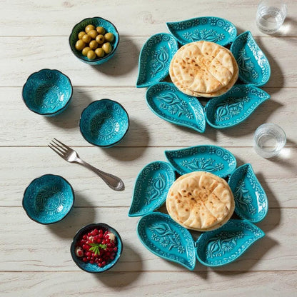 Handmade Turkish Ceramic Serving Set – 6-Section Divided Tray + 6 Mini Bowls – Turquoise Ottoman Floral Gift for Home & Kitchen
