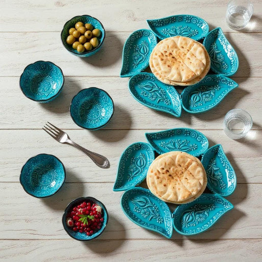 Handmade Turkish Ceramic Serving Set – 6-Section Divided Tray + 6 Mini Bowls – Turquoise Ottoman Floral Gift for Home & Kitchen