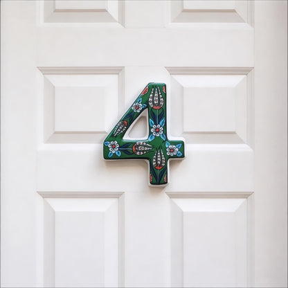 Hand-Painted Green Floral Ceramic House Number – Outdoor Address Door Sign