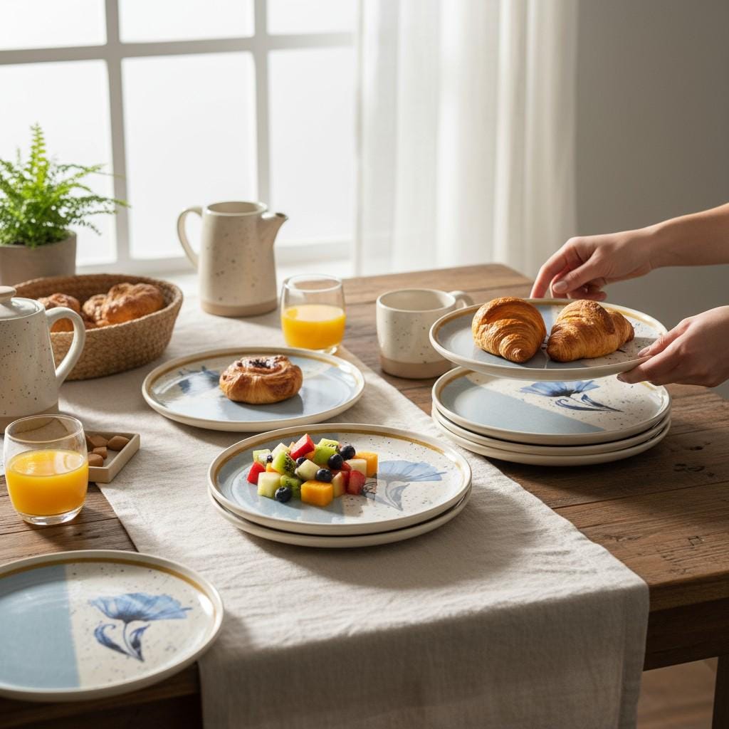 Handmade Ceramic Dessert Plates – 6 Piece Blue & White Floral Set – 8 Inch Appetizer or Salad Plates – Modern Artisan Tableware