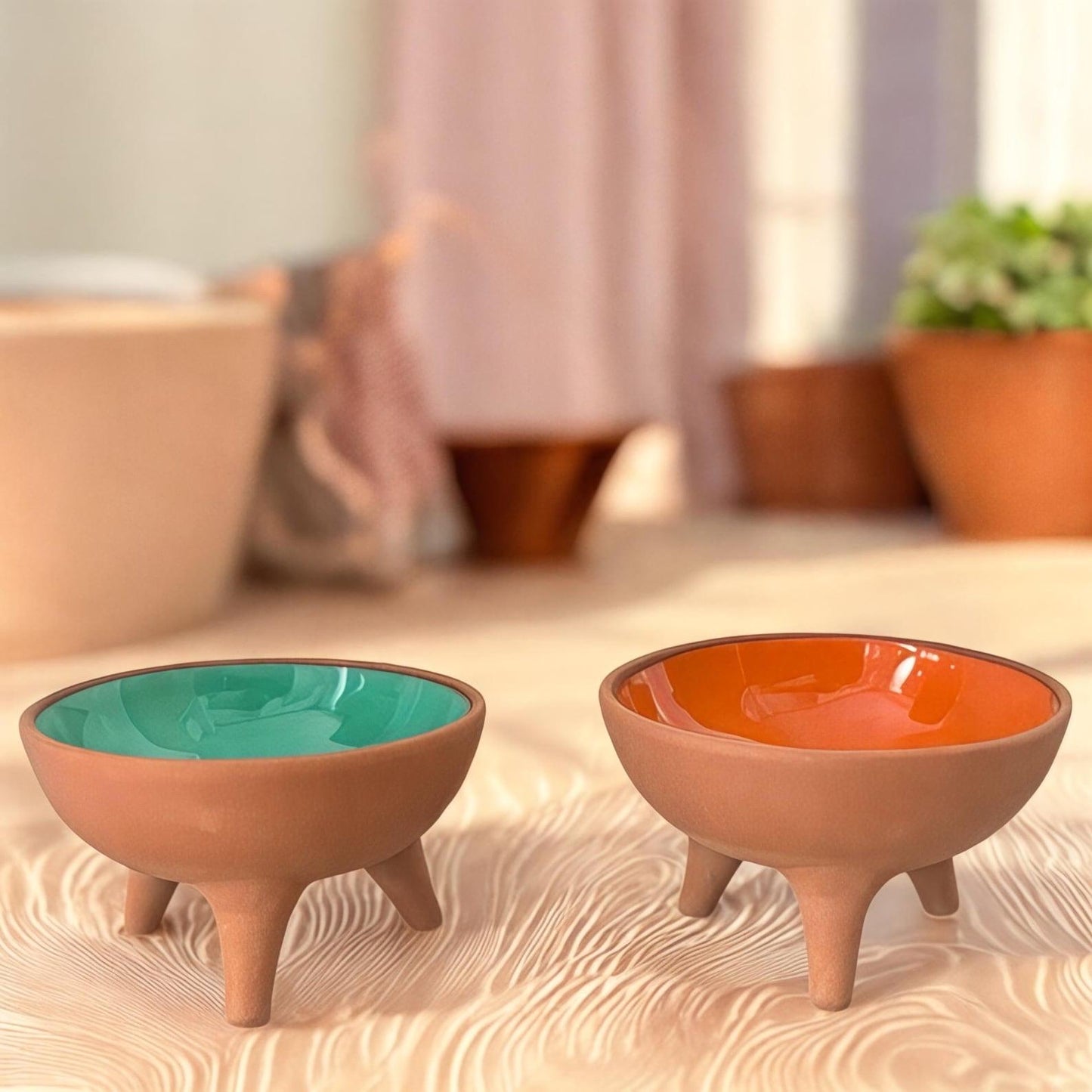 Modern Ceramic Cat Food Bowls: Elevated Blue & Orange Pottery Set