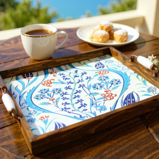 Handmade Wooden Serving Tray: Iznik Ceramic Tile, Ottoman Decor
