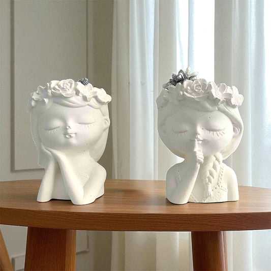 Minimalist Flower Crown Girl Figurine Set – 11 cm Decorative Sculpture Duo, Romantic Resin Home Decor