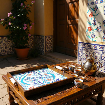 Handmade Wooden Serving Tray: Iznik Ceramic Tile, Ottoman Decor