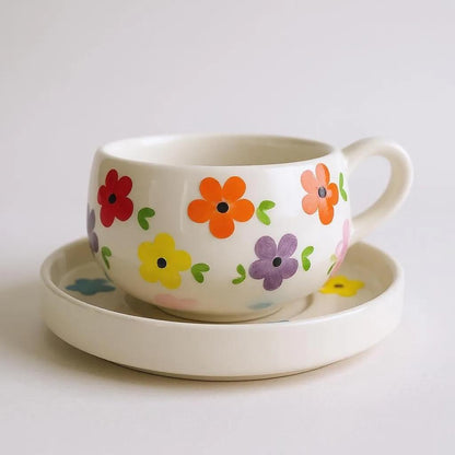 Handmade Ceramic Floral Cup and Saucer Set: Boho Tea & Coffee Mug