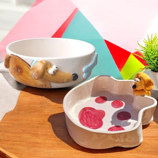 Handmade Ceramic Dog Bowl – Cute Puppy Design – 14 cm Pet Feeding Dish – Custom Dog Food Bowl for Small Pets