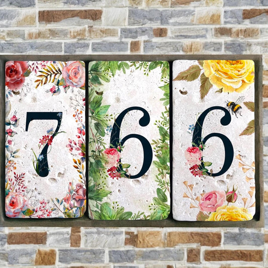 Elegant Travertine Stone House Numbers: Floral Address Sign (7.5x15 cm)