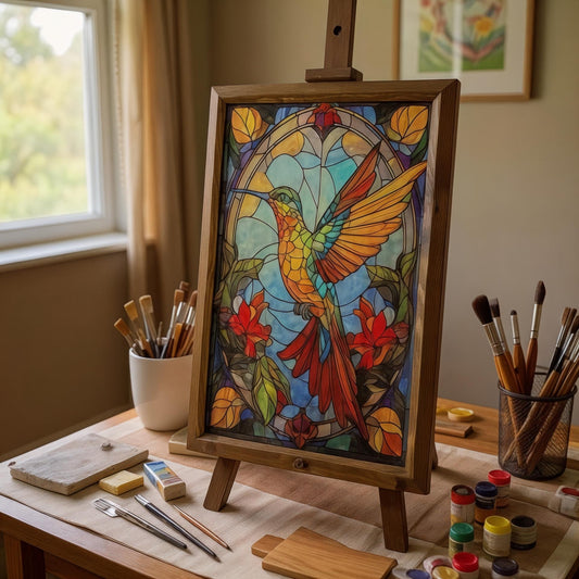 Hand-Painted Ceramic Hummingbird Wall Art: Stained Glass Style, Wood Frame