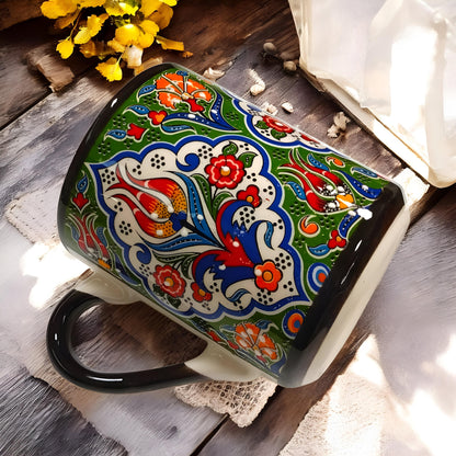 Hand-Painted Turkish Ceramic Mug Set: Anatolian Floral Art, 11 oz
