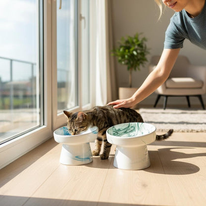 Elevated Green Ceramic Cat Bowl – Handmade Raised Pet Feeder for Cats & Small Dogs