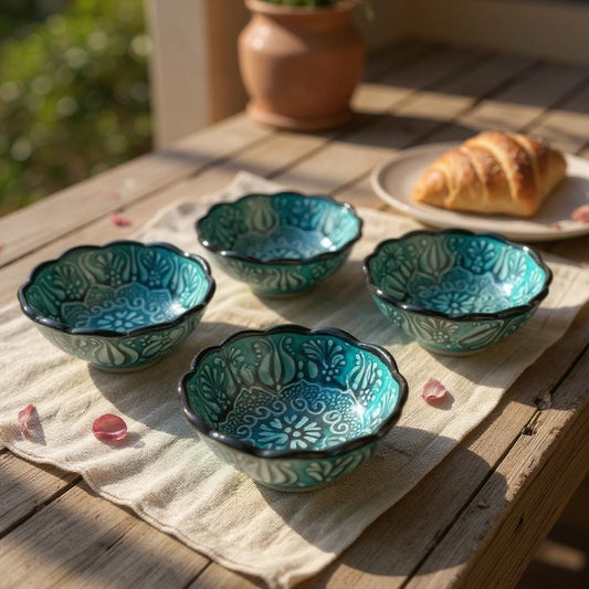 Handmade Turquoise Turkish Bowls - Ceramic Floral Dish Set - Boho Decor
